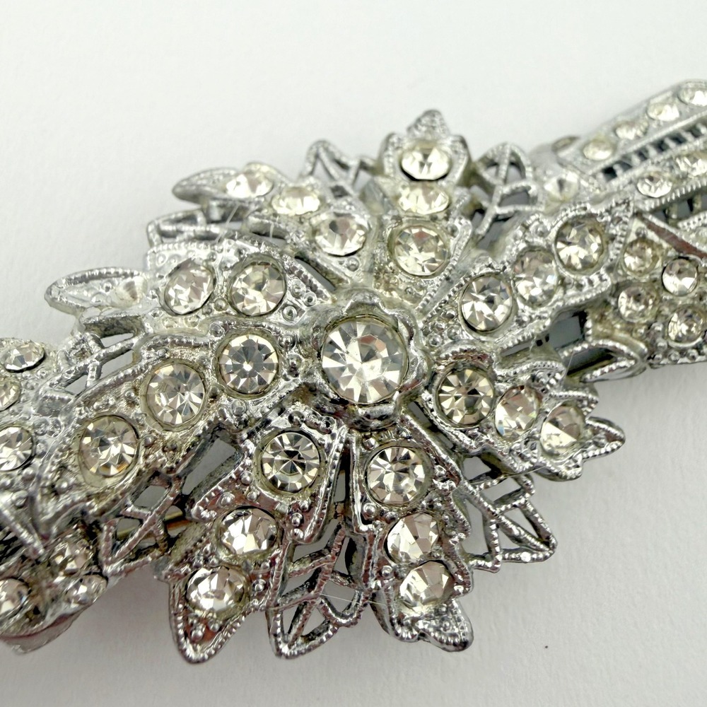 Vintage Pot Metal Clear Rhinestone Ribbon Bow Brooch Pin Silver Tone Art Deco